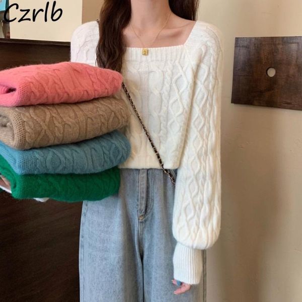 

women's sweaters sweater women square collar knitted fashion vintage thick autumn bf solid candy colors college sweet loose clothing, White;black