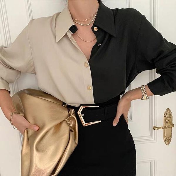 

women's blouses & shirts vintage korean style fashion 2021 blouse women patchwork button up shirt long sleeve loose casual solid clothe, White