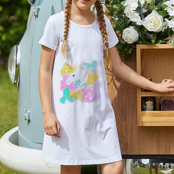

girls dress cartoon unicorn pattern dress children casual dress a-line skirt knee-length simple, elegant and colorful 5-15 years old, Red;yellow
