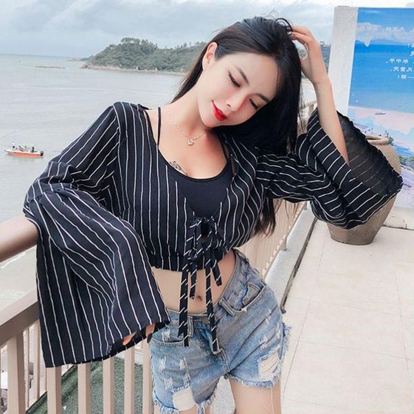 

women's v neck striped print short blouse ladies slim lace up crop female shirt blouses & shirts, White