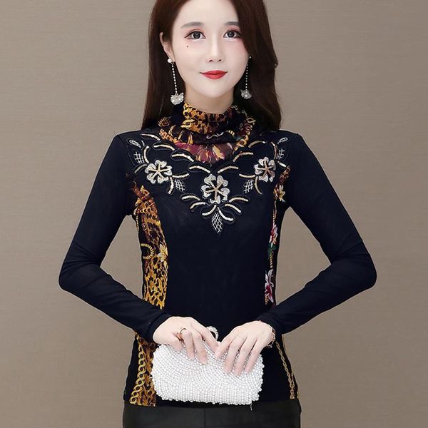 

women's t-shirt 2021 autumn winter women fashion casual long sleeve turtleneck -6xl plus size print lady blusas, White