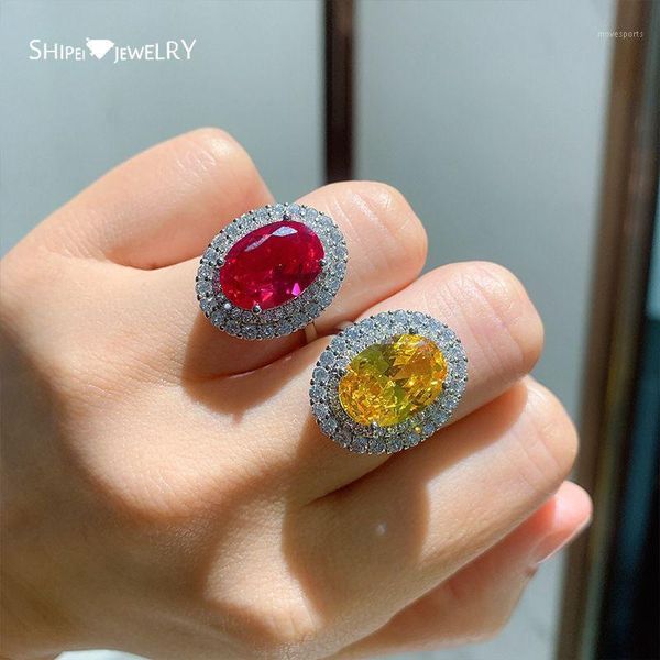 

cluster rings shipei 100% 925 sterling silver oval cut citrine ruby created moissanite gemstone wedding fine jewelry vintage ring for women1, Golden;silver