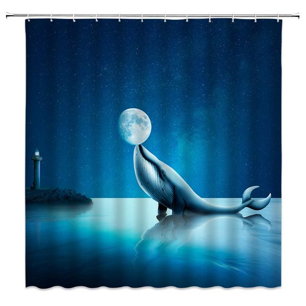 

funny whale shower curtains ocean animal moon starry sky scenery seaside lighthouse bathroom decor polyester home bath bathtub