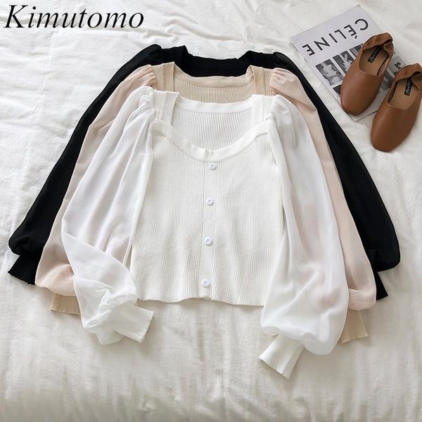 

women's blouses & shirts kimutomo solid summer blouse women square collar long sleeve patchwork chiffon knitted shirt female korean sty, White