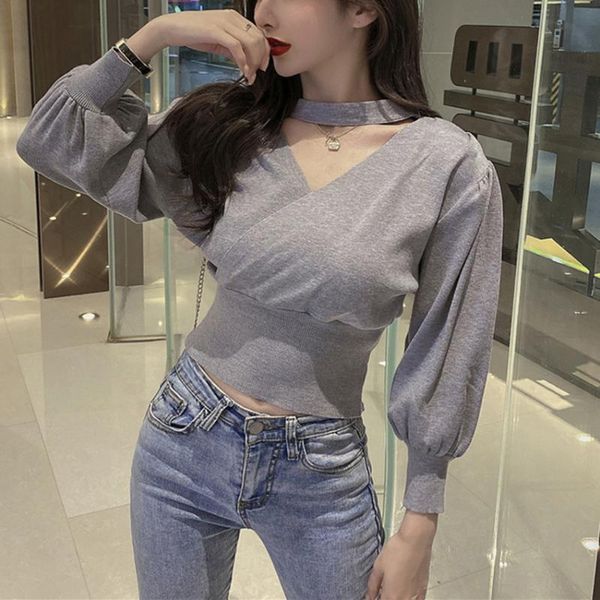 

autumn winter sweater women lantern sleeve sweaters knitted halter neck pullover casual korean female jumpers pull femme women's, White;black