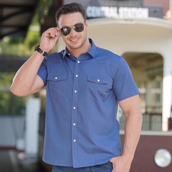 

men's casual shirts summer 10xl 12xl 11xl large size men denim shirt short sleeve cotton oversize pockets cow boy loose 60 64, White;black