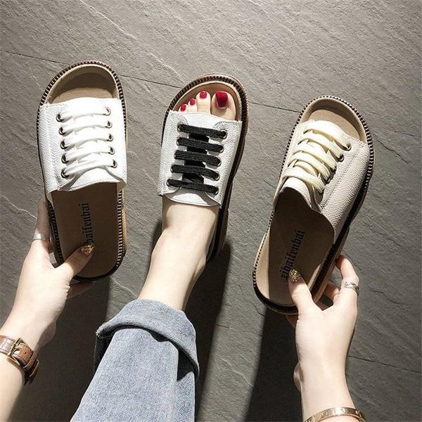 

slippers summer women's thick bottom large soft muffin casual lace up antiskid round head open toe, Black