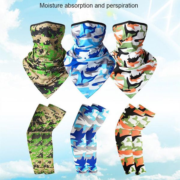 

sunscreen ice silk triangle scarf sleeves bib printed outdoor arm warmers guard combo set elbow & knee pads, Black;gray