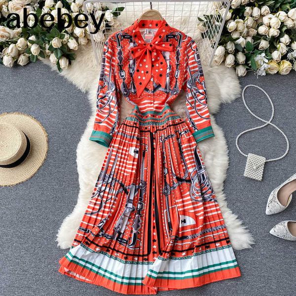 

women court wind print dress sweet bow collar long sleeve a-line dresses spring casual retro streetwear midi dress 210715, Black;gray