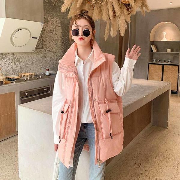 

women's vests streetwear 2021 autumn winter down cotton waistcoat womens solid vest jacket trendy warm stand collor sleeveless coat clo, Black;white