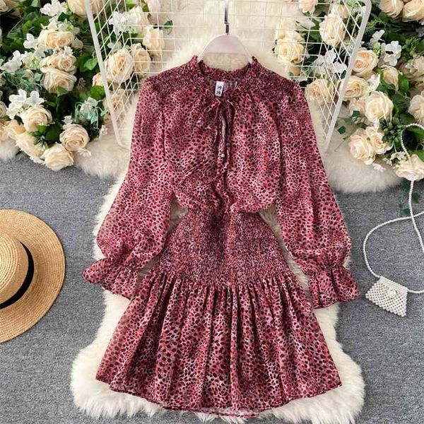 

autumn leopard print french dress wooden ear round neck puff sleeve ruffle skirt fashionable for women uk358 210506, Black;gray