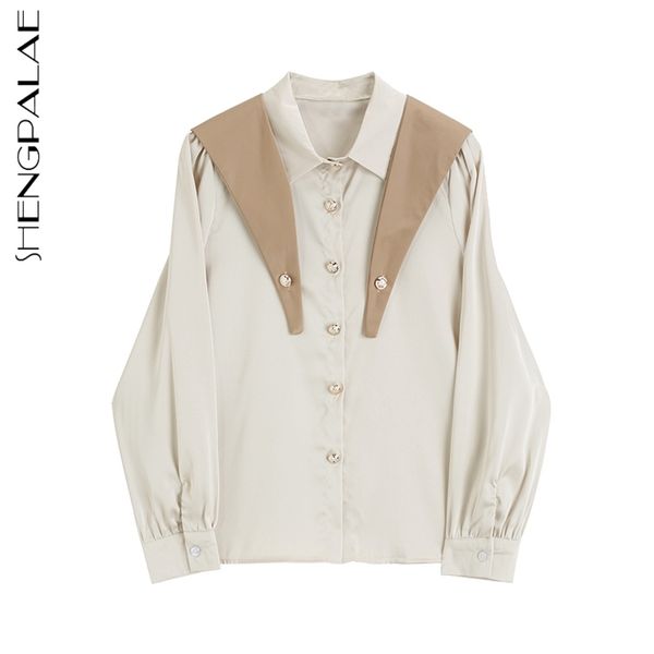

personality blouse women's spring sailor collor patchwork shawl single breasted long sleeve shirt female 210427, White