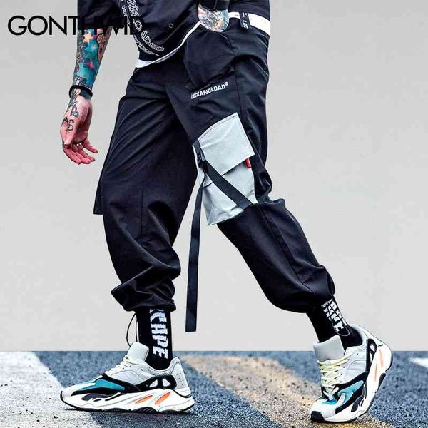 

gonthwid pockets cargo harem pants mens casual joggers baggy tactical trousers harajuku streetwear hip hop fashion swag 210406, Black