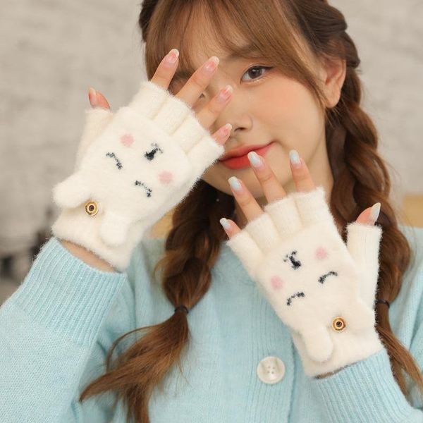 

five fingers gloves winter cute female korean cartoon student warm flexible touchscreen for women exposed finger mittens gifts, Blue;gray