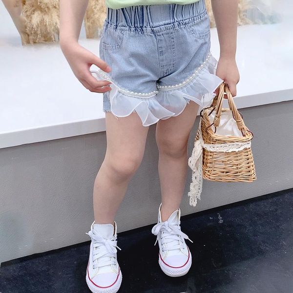 

shorts summer girls baby denim kids bottoms children streetwear jeans fashion line pearl ruched mesh raw 2 to 8 yrs, Black