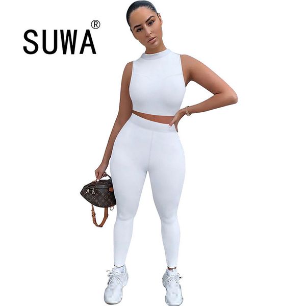 

two piece outfits for women summer lounge wear set tank crop + high waist skinny sport pants trousers suit tracksuit 210525, White