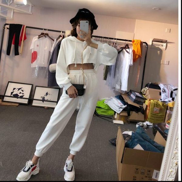 

girls fashion casual suit women tracksuits student summer loose cool solid jacket pants two paper dress piece with hood, Gray