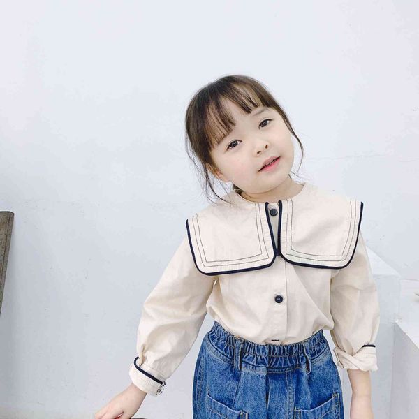 

navy style spring autumn girls cotton big turn-down collar shirts kids casual long sleeve clothes 210508, White;black