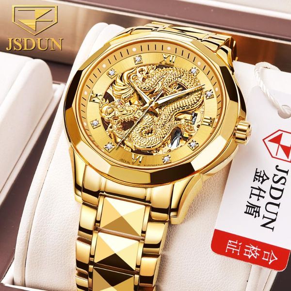 

wristwatches jsdun golden dragon dial fashion luminous men's watch mechanical hollow gold reloj de hombre 8840, Slivery;brown
