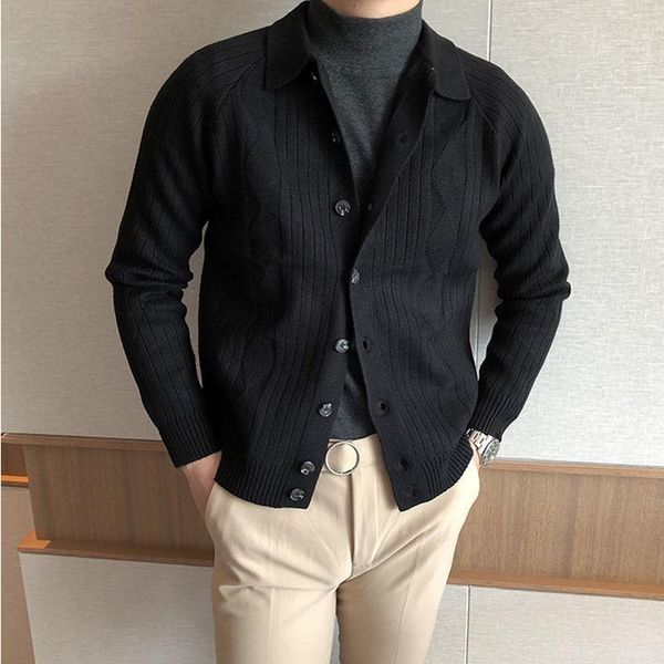 

men's sweaters spring and autumn pure color sweater coat korean version slim fitting retro lapel long sleeve knitted cardigan, White;black