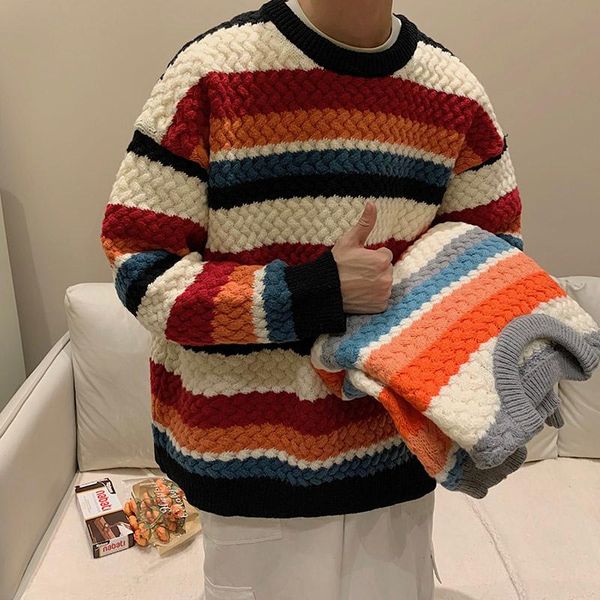 

men's sweaters winter color striped sweater men warm fashion casual knitted pullover korean loose long sleeve mens jumper clothes, White;black