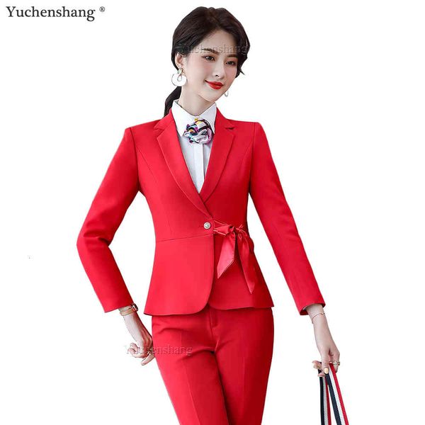 

women's suits & blazers elegant women pant suit with bow for airplane work 2 piece set spring autumn fall red black ankle length trouse, White;black