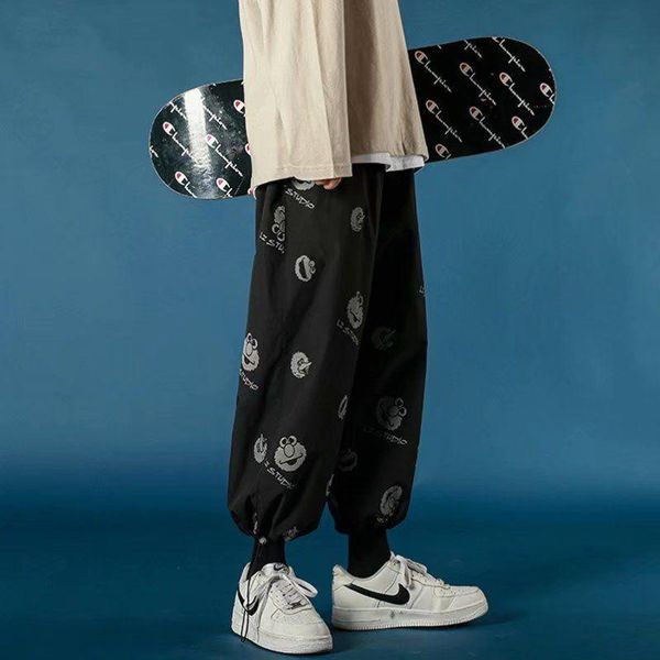 

men's pants summer ins loose trend waist nine-point tide brand printed sports all-match casual, Black