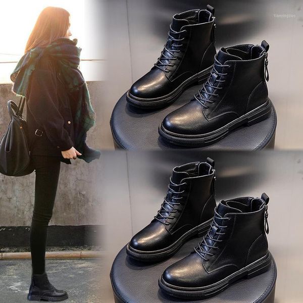 

boots yiluan motorcycle boot woman shoes 2021 autumn winter leather women thick sole fashion casual flat1, Black
