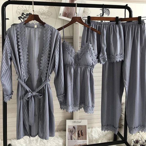 

spring 4 pcs set women sleepwear bell full pajamas lace fashion pyjamas, Black;red
