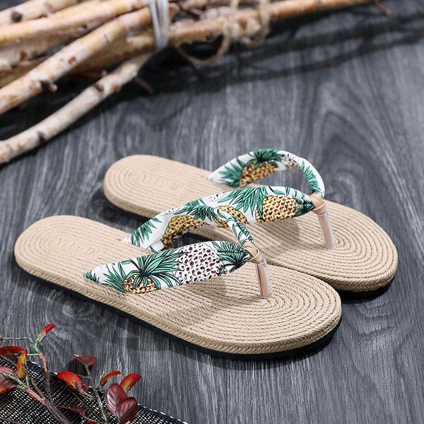

slippers rope woven flat flip flops summer women's sandals bottom floral outer wear boho style flat-heeled beach women slides, Black