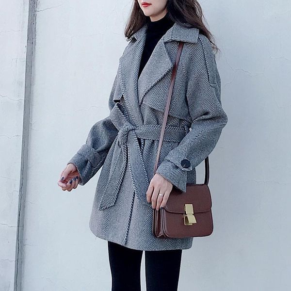 

women's wool & blends woolen coat long autumn and winter thickened korean loose small wear, Black