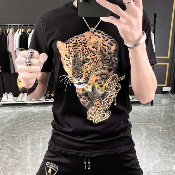

european tiger animal pattern drill summer men's sleeve mercerized half cotton casual tight t-shirt, White;black