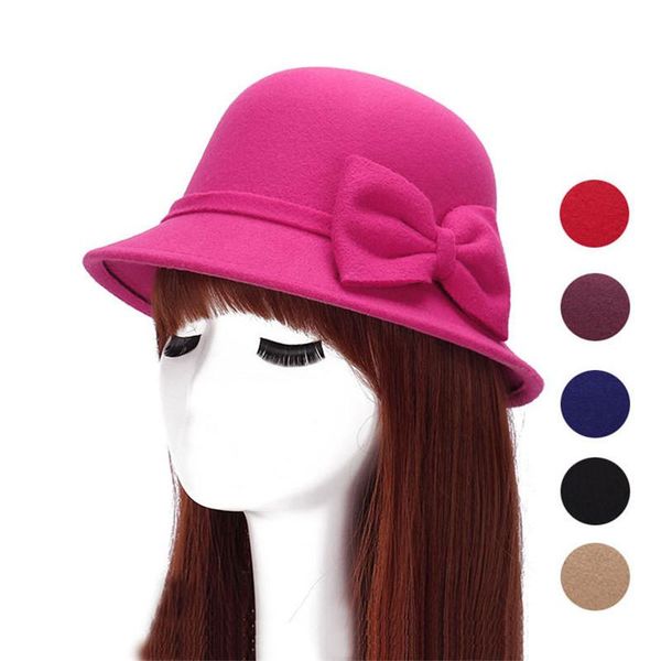 

stingy brim hats fedoras retro bowler jazz hat for women vintage bow winter autumn cap cotton imitation woolen round caps, Blue;gray