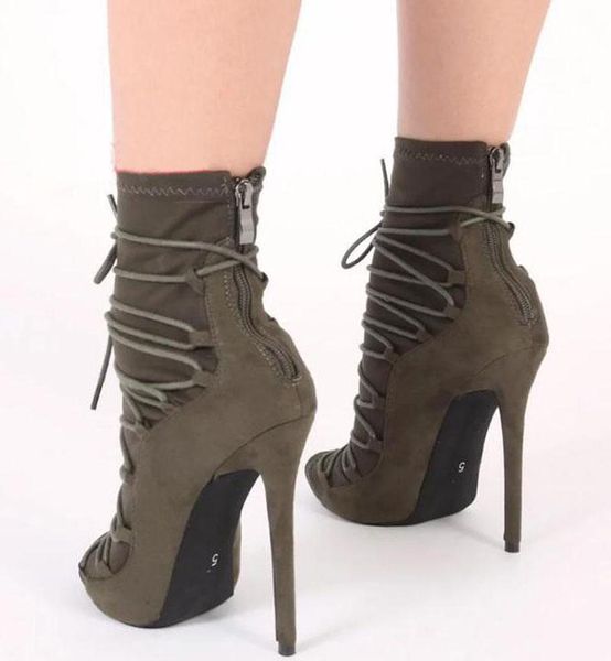 

boots women fashion open toe suede leather lace-up gladiator super heel ankle, Black