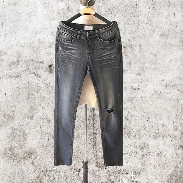 

women's jeans women fashion style knee hole ripped high elastic mid waist casual skinny pencil denim pants grey mujer plus size, Blue