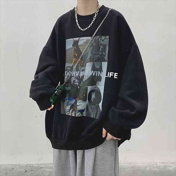 

men's round neck sweater spring and autumn tide brand high street clothes ins loose korean fashion hoodless coat, Black