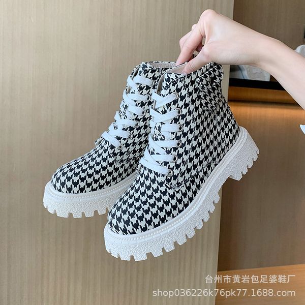 

2021 autumn martin women's round head thick soled british short boots lace up casual plaid canvas high sho, Black