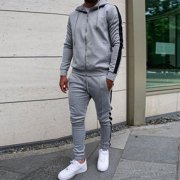 

men's tracksuits 2021 fashion autumn casual set patchwork side stripes hoodies + pants sportswear spring tracksuit men clothing, Gray