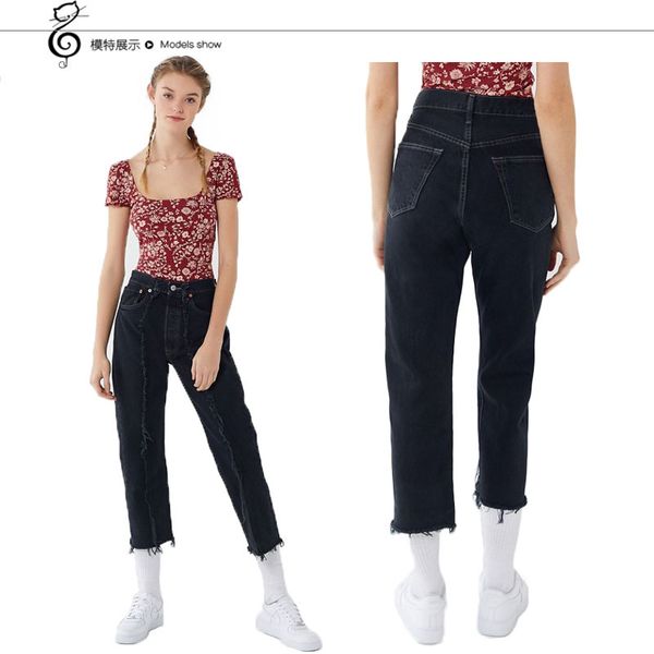 

fashion a pair of jeans capris in flannel straight pants women 520#, Blue