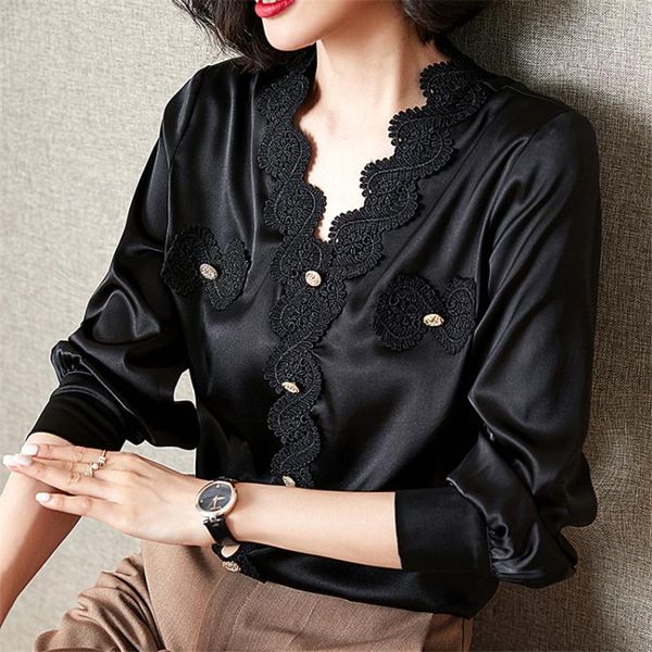

ladies office elegant blouse shirt women long sleeve v-neck button casual satin blouses autumn blusa mujer de moda 2021 women's & shirt, White