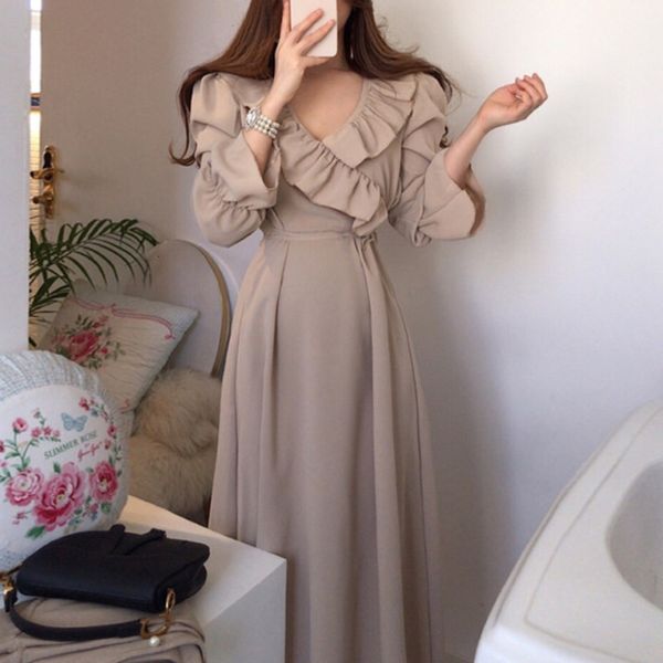 

dress autumn vintage korean chic waistbanded lace up v-neck slim ruffles long women v neck flare sleeve femme robe vestidos hghp, Black;gray