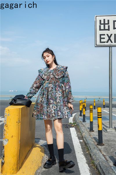 

gagarich women dress 2021 spring autumn french elegant retro temperament ladies doll collar floral printed designed vestidos, Black;gray