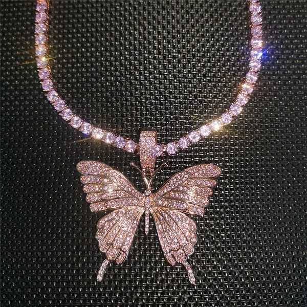 

pendant necklaces iced out pink zircon butterfly necklace with tennis chain mens hip hop jewelry gift, Silver