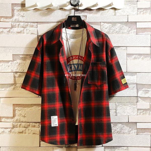

men's casual shirts plaid classic brand 2021 red black summer beach shirt fashion short sleeve loose pocket plus oversize -4xl 5xl, White;black