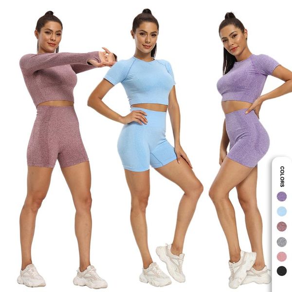 

yoga outfit set woman 2 pieces seamless casual sports gym shorts high waist fitness leggings short-sleeved women's three-point pant
