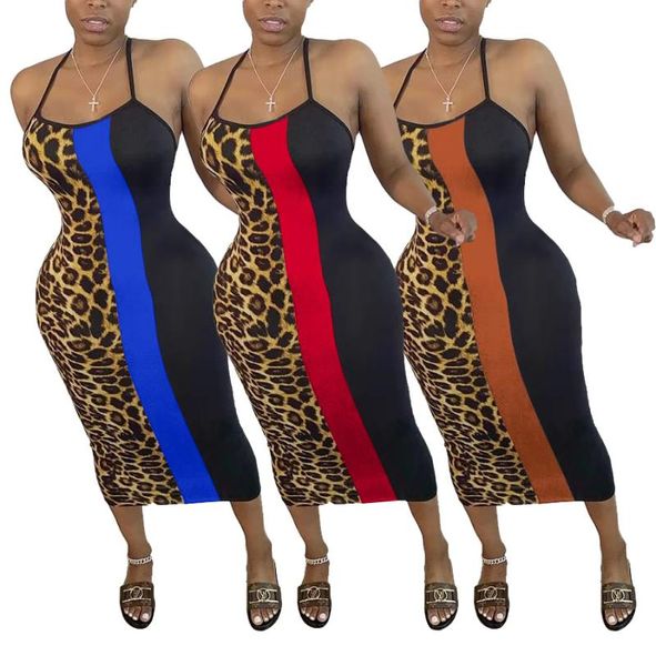

casual dresses zoctuo sleeveless cami strap midi dress for women leopard color patchwork slim fashion backless skinny, Black;gray