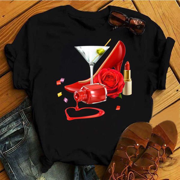 Camiseta feminina Taça de vinho e Nali Art Heart Print Camiseta preta Camiseta feminina Moda Manga curta Tee Tops Harjauku Camiseta fofa X0628