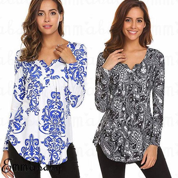 

women's blouses & shirts women floral casual blouse ladies v-neck long sleeve plus size female flowers pullovers spring summer, White