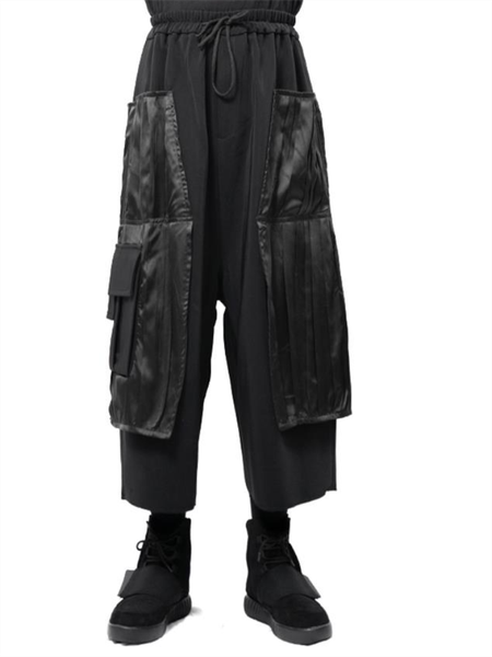 

men's pants casual straight skirt spring and autumn black elastic waist large size satin reflective stitching pocket