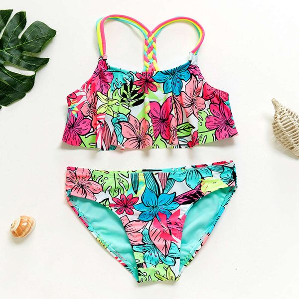 

ms swimsuit bikini set girl's corded front chest ruffle split children's swimming suit rose red flower, White;black